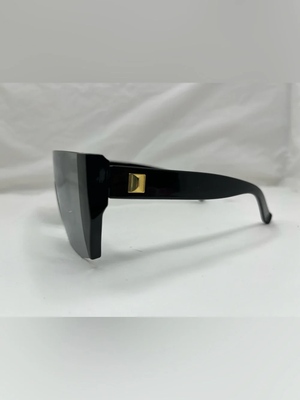 Silver Mirrored Monoblock Shield Sunglasses Black Frame with Gold Detail